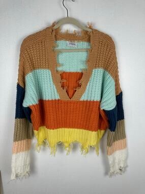 Storia Women's chunky knit Color-block Distressed Fringe Sweater Small